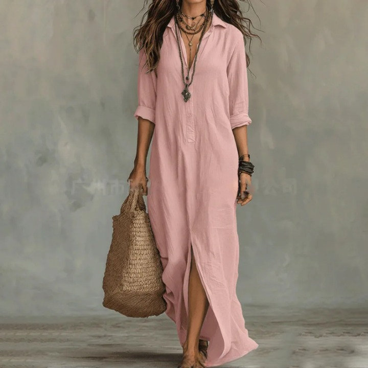 Christiana - Women's V-Neck Flowy Maxi Dress with Turn-Down Collar - photo 3