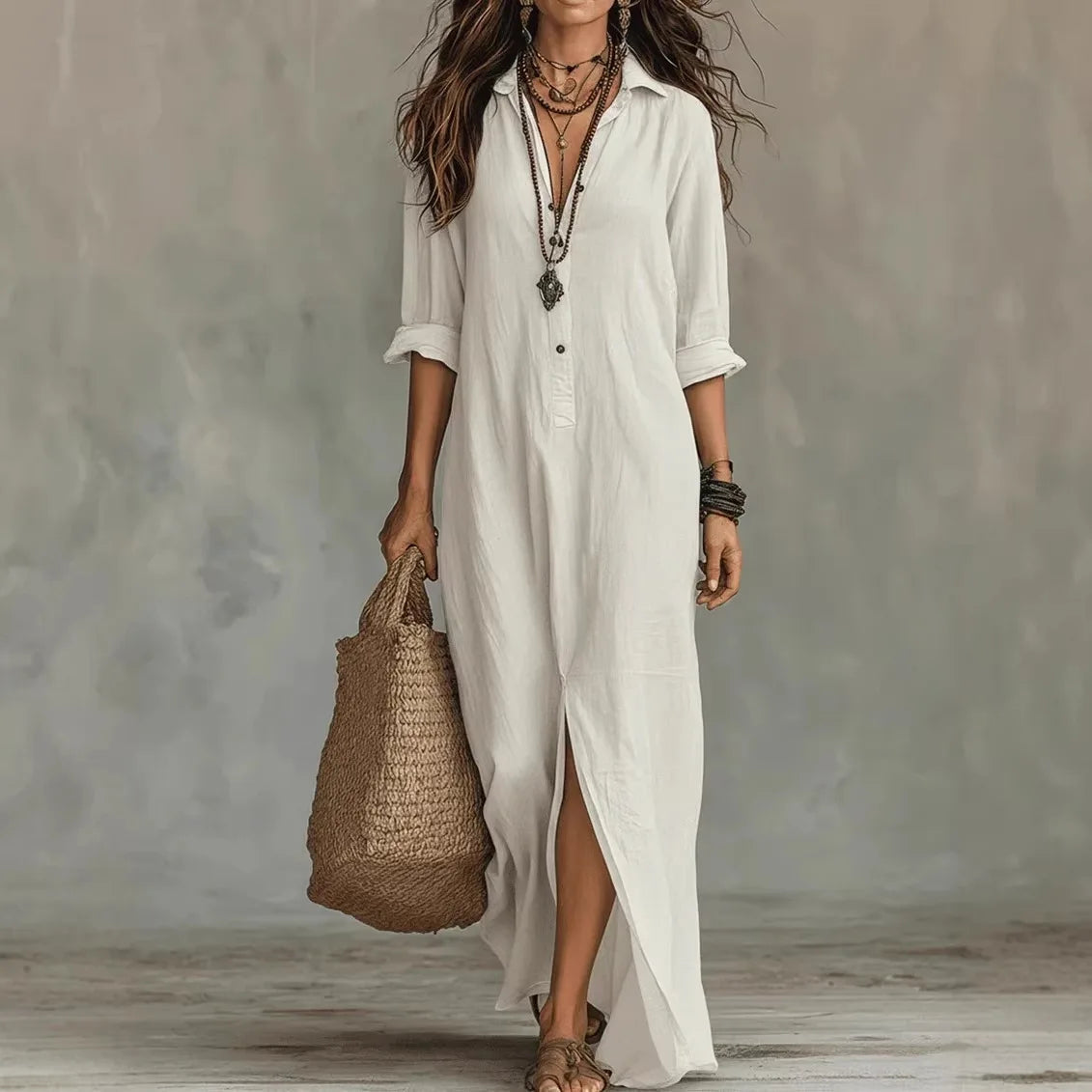 Christiana - Women's V-Neck Flowy Maxi Dress with Turn-Down Collar - photo 1
