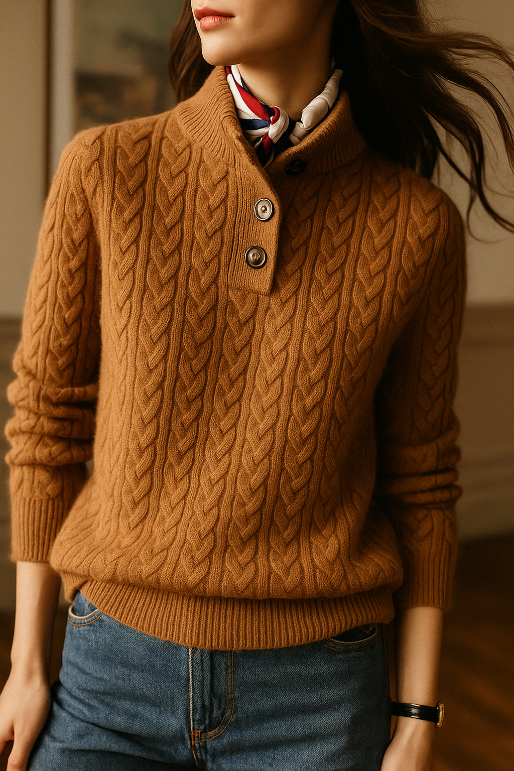 Clara - Women's Cable Knit Jumper with Button Front - photo 5