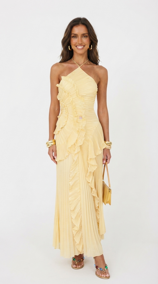 Women's Maxi Dress with Pleats and Ruffle Trim | SoofandClay