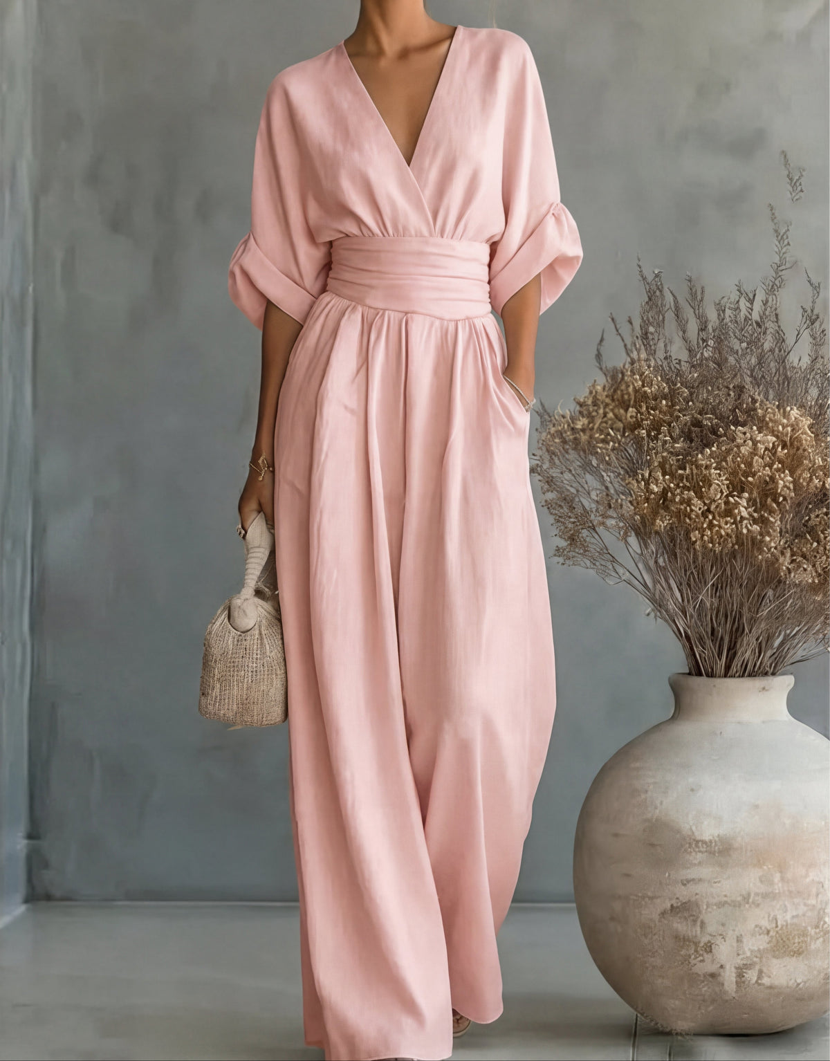 Women's Wide Leg Jumpsuit with Crossover Neckline