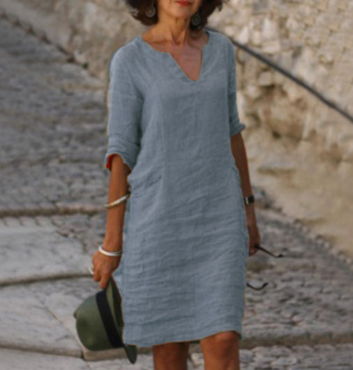 Women's Relaxed Fit Casual V-Neck Linen-Style Midi Dress for Summer - photo 6