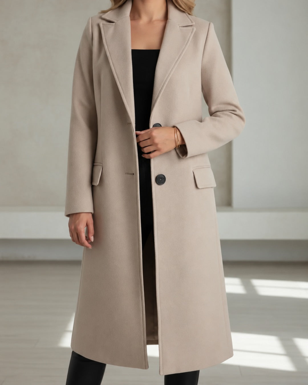 Ennis - Women's Longline Wool Coat with Notched Lapels