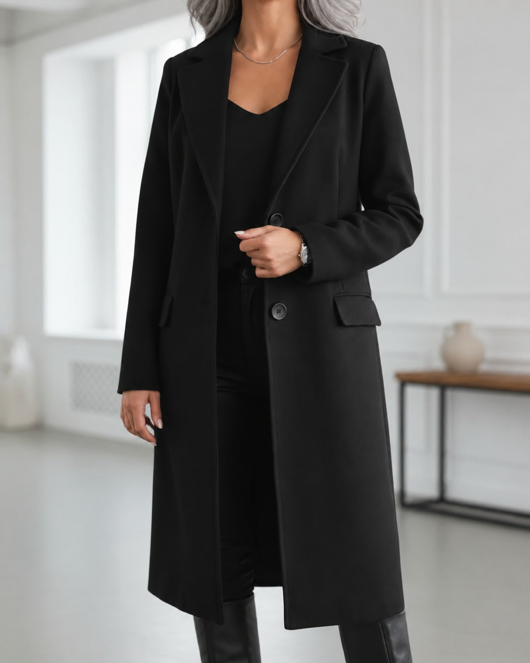 Ennis - Women's Longline Wool Coat with Notched Lapels