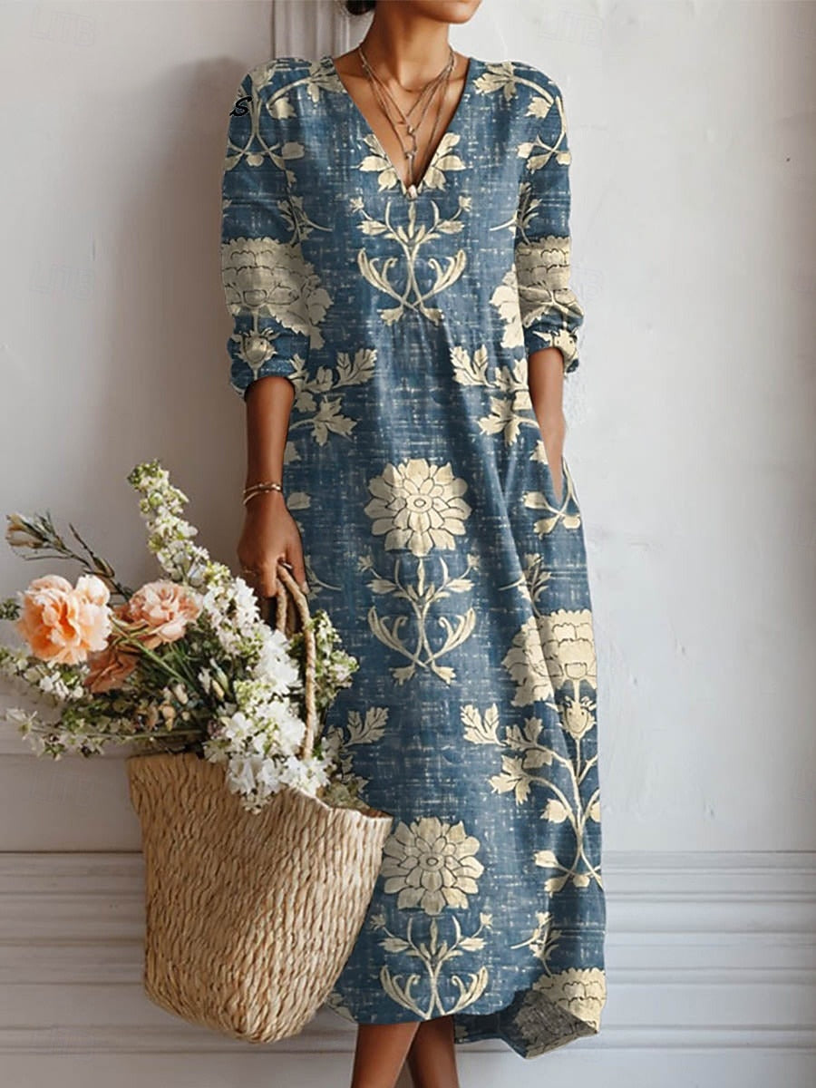 Velma - Women's Boho Linen Floral V-Neck Midi Dress with Pockets - photo 1