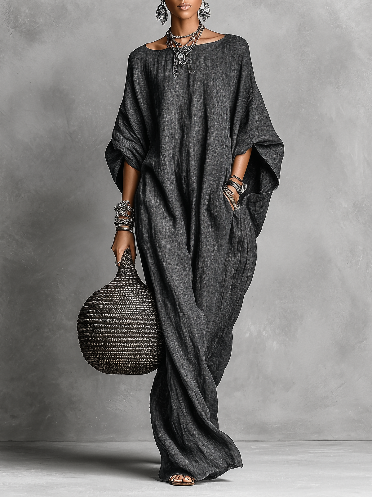 Women's Cotton-Linen Batwing Sleeve Maxi Dress - photo 1