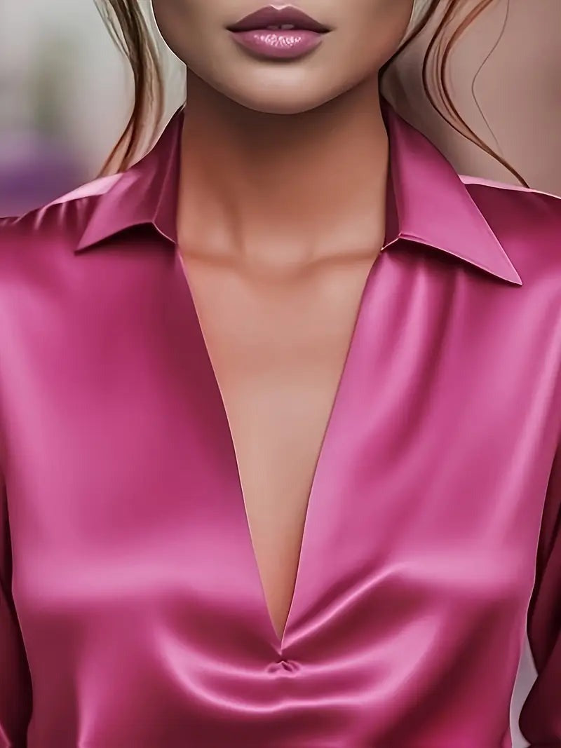 Women's V Neck Blouse with Satin Finish and Flowing Drape - photo 18