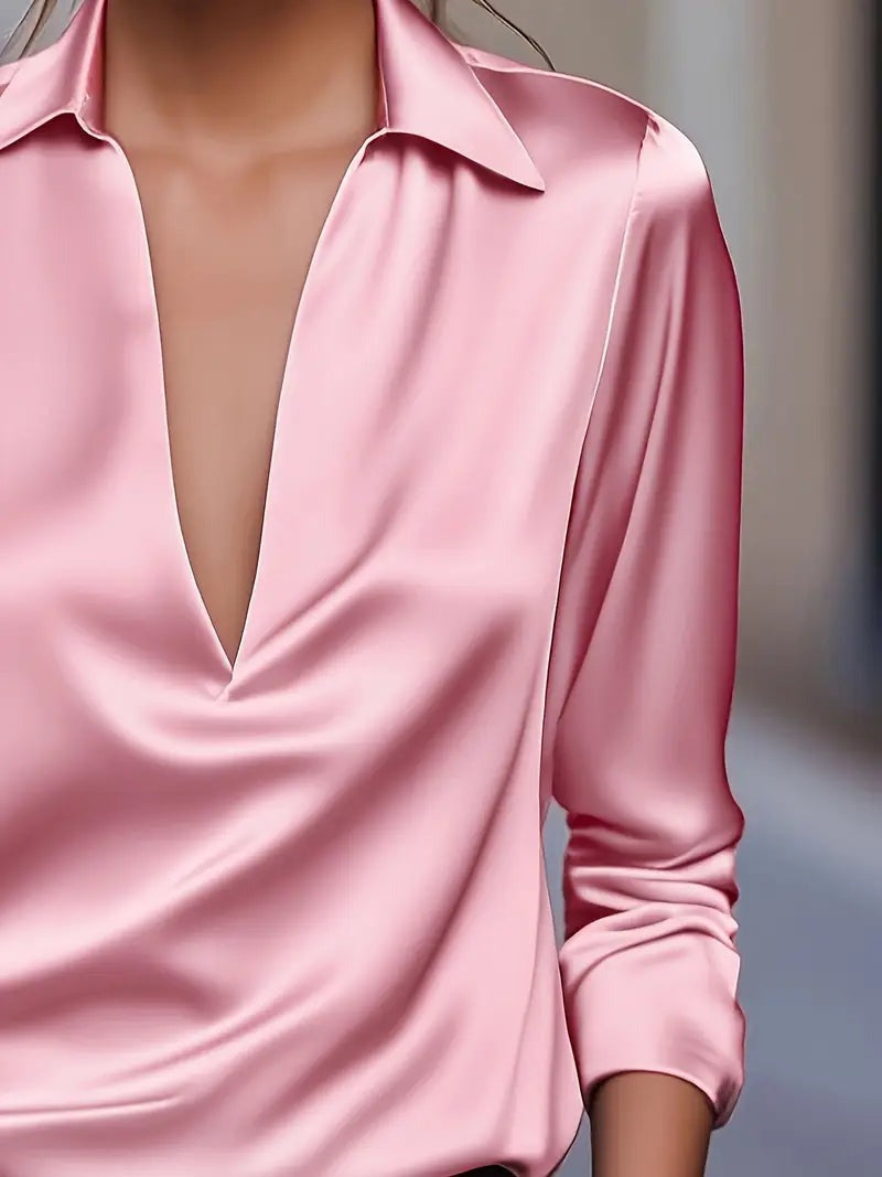 Women's V Neck Blouse with Satin Finish and Flowing Drape - photo 13