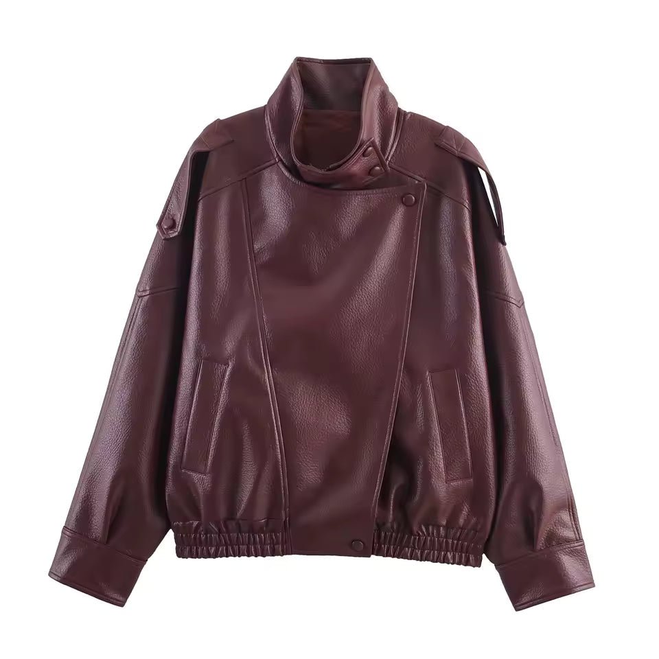 Garnet - Women's Jacket with Asymmetric Hem and Button Front in Wine Red