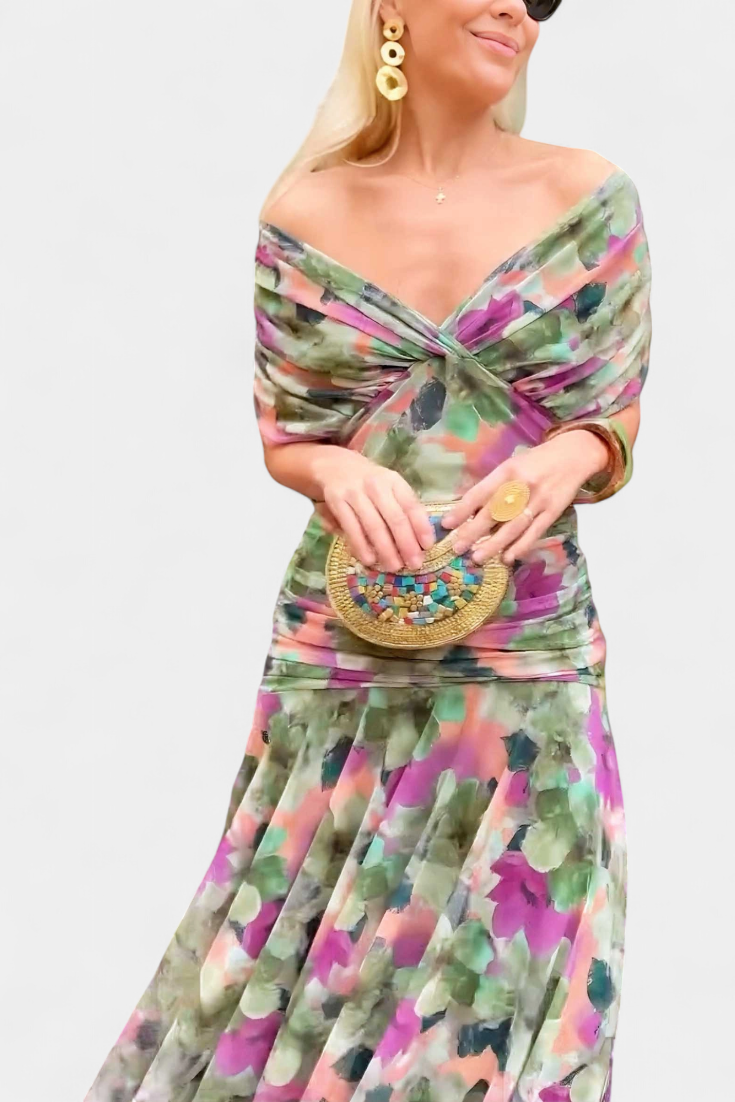 Women's Off-Shoulder Ruched Floral Midi Dress - photo 14
