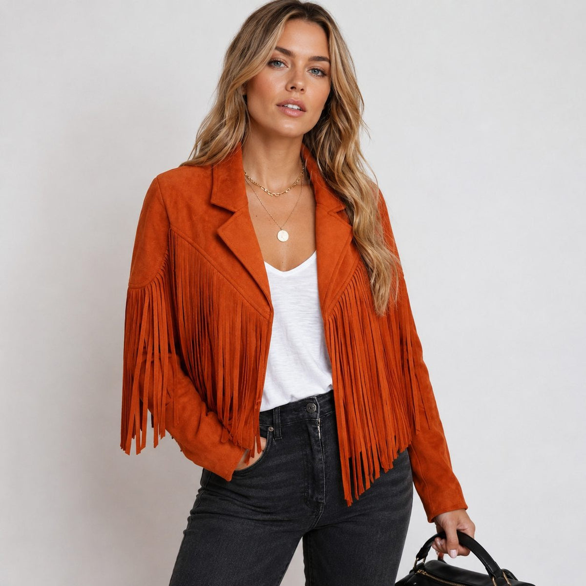 Leena - Women's Cropped Faux Suede Fringe Jacket - Orange