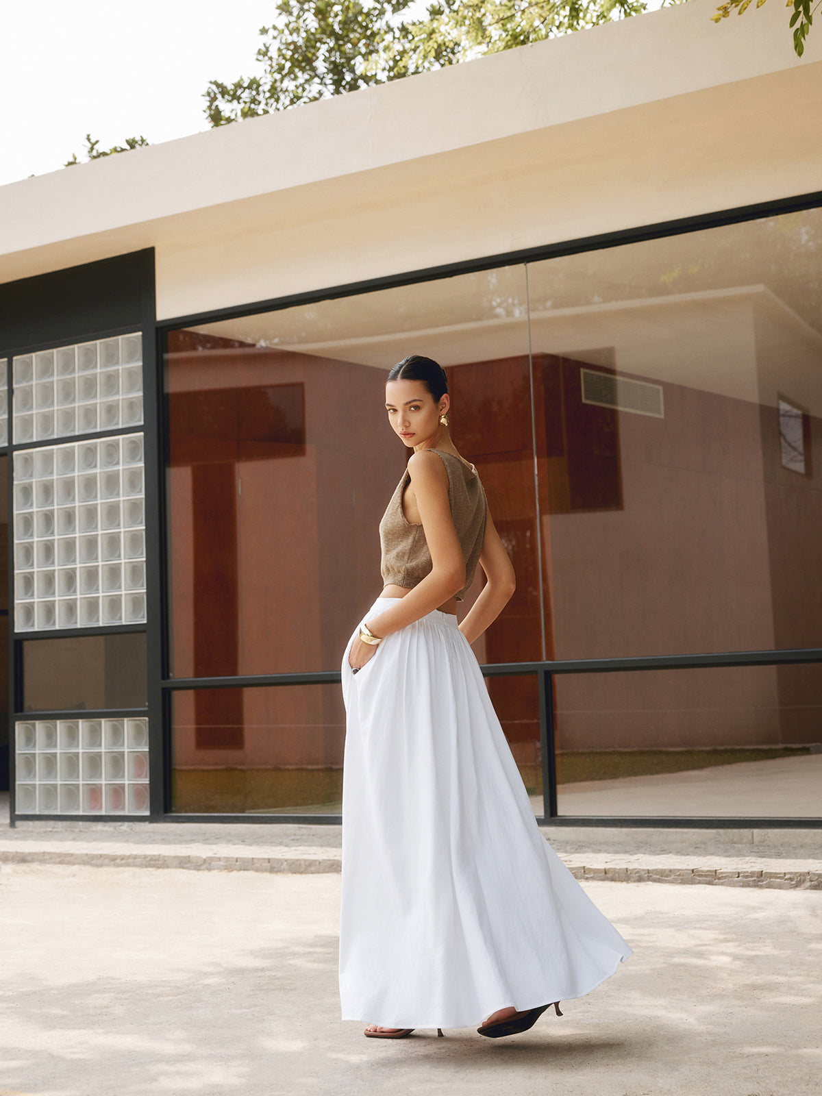 Women's High Waisted Pleated Linen Maxi Skirt with Pockets - photo 3