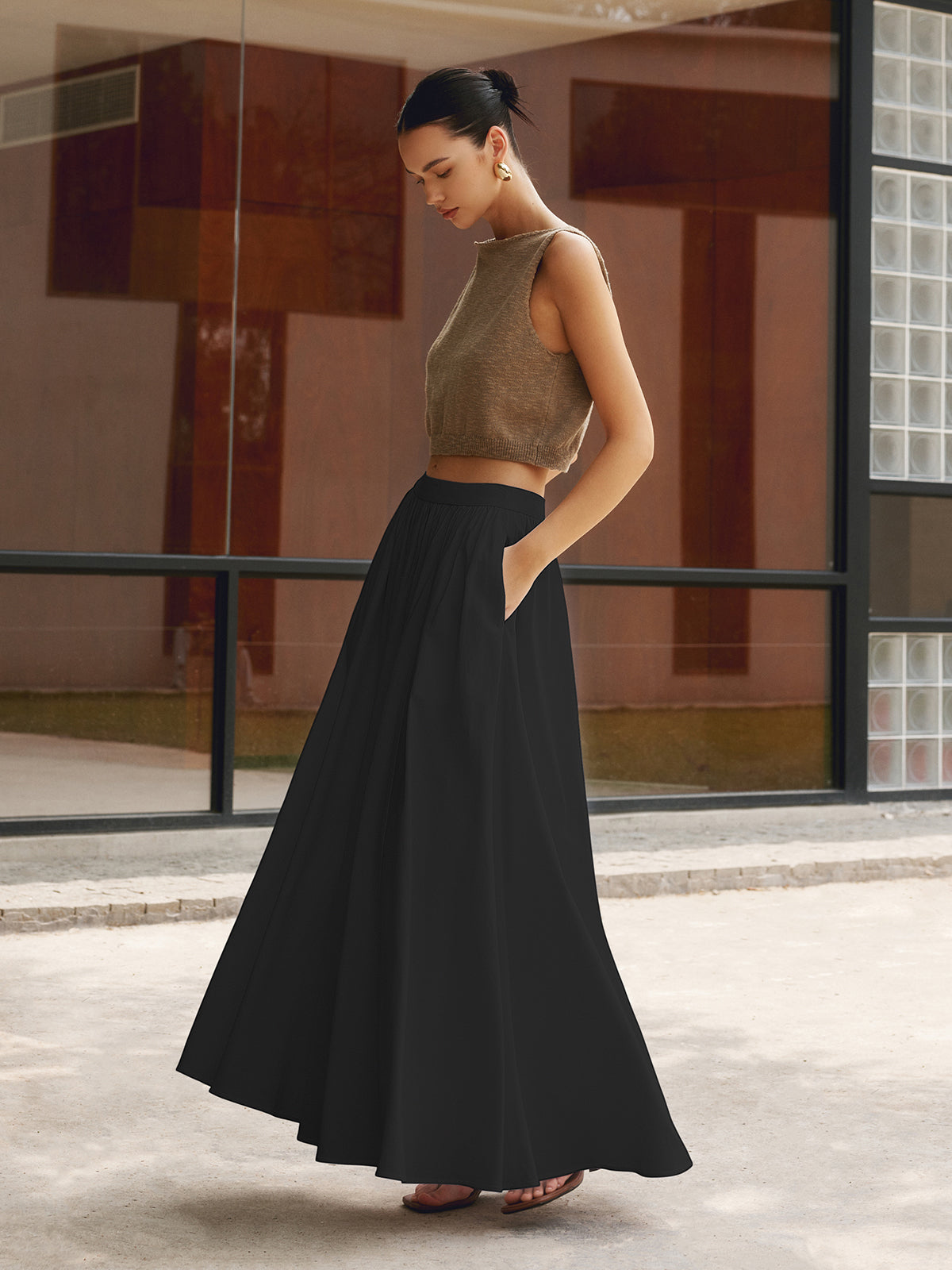 Women's High Waisted Pleated Linen Maxi Skirt with Pockets - photo 6