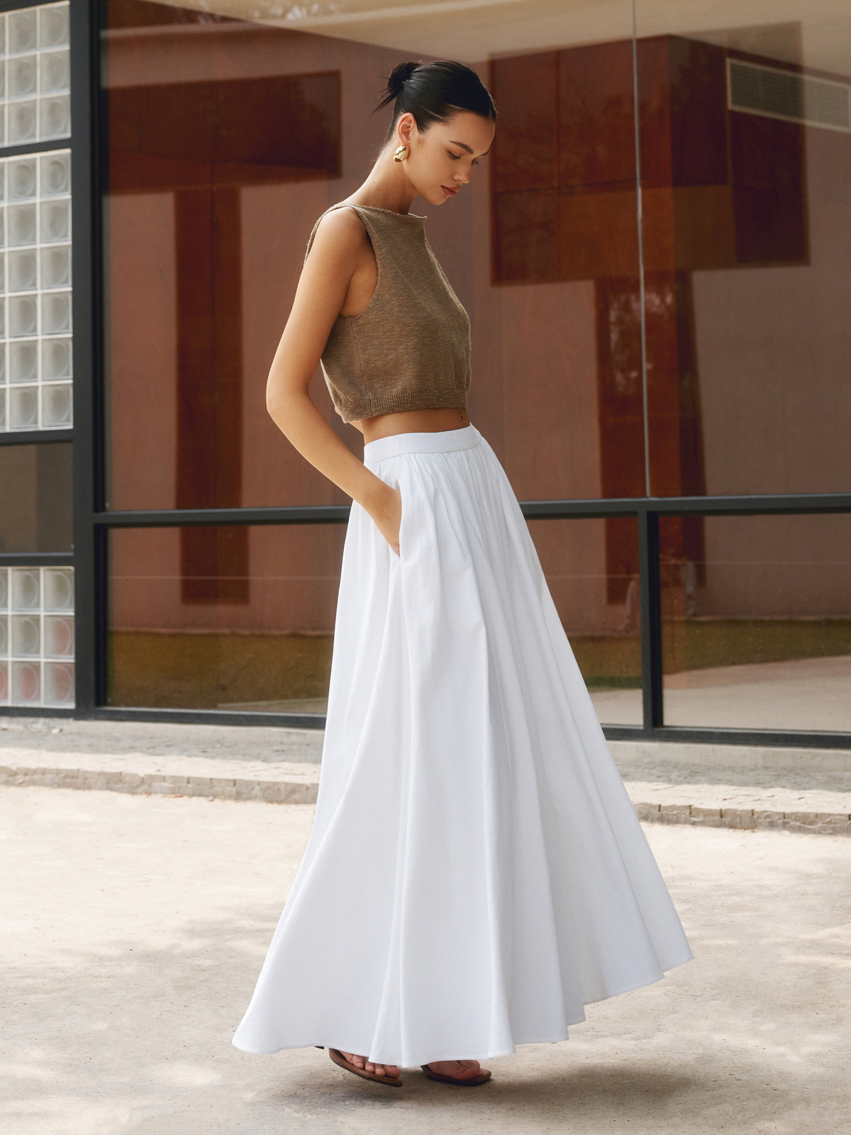 Women's High Waisted Pleated Linen Maxi Skirt with Pockets - photo 1