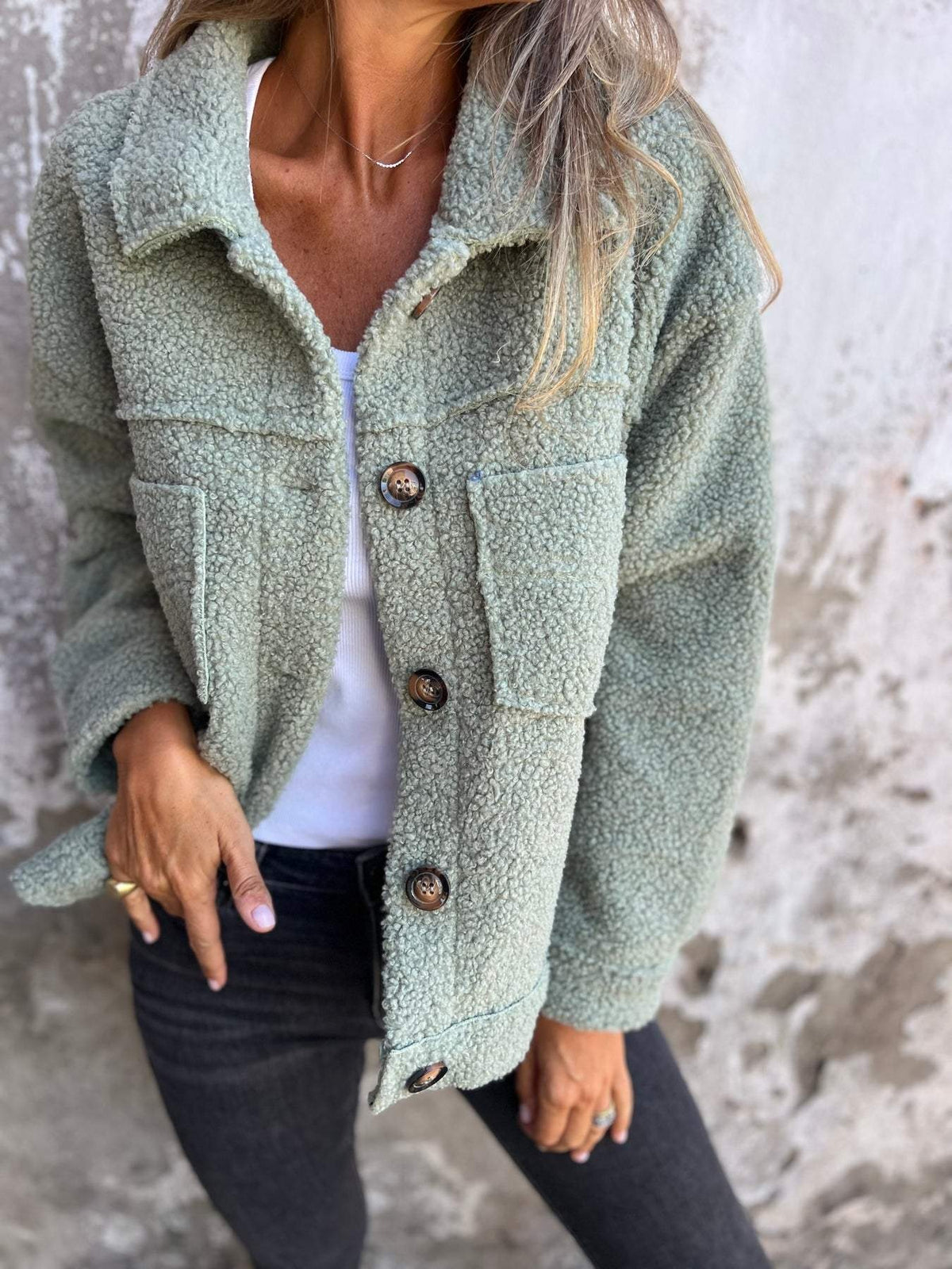 Linnea - Women's Sherpa Shacket with Button Front and Chest Pockets - Green