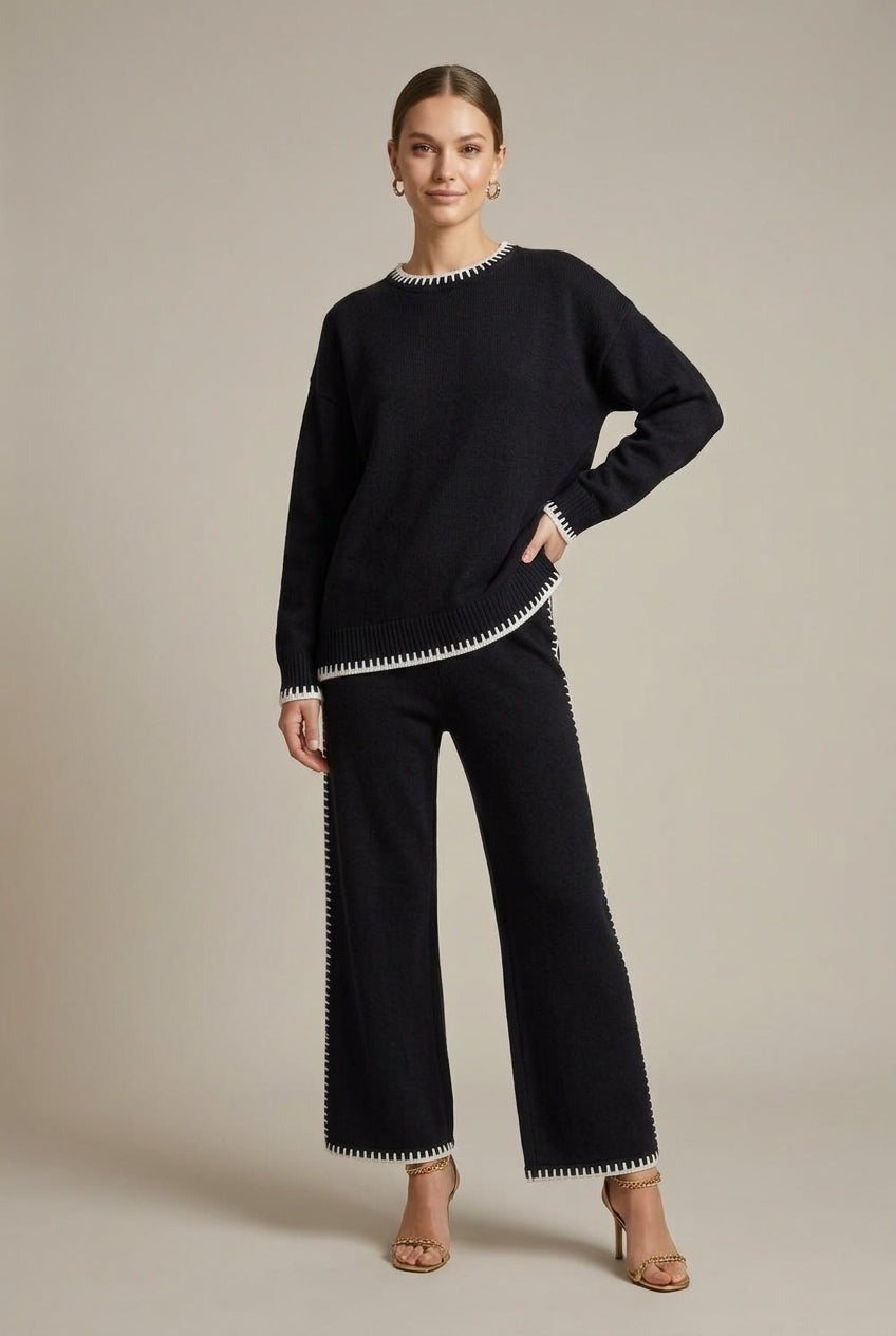 Liora - Women's Knit Lounge Set with Oversized Jumper and Wide-Leg Trousers - Black