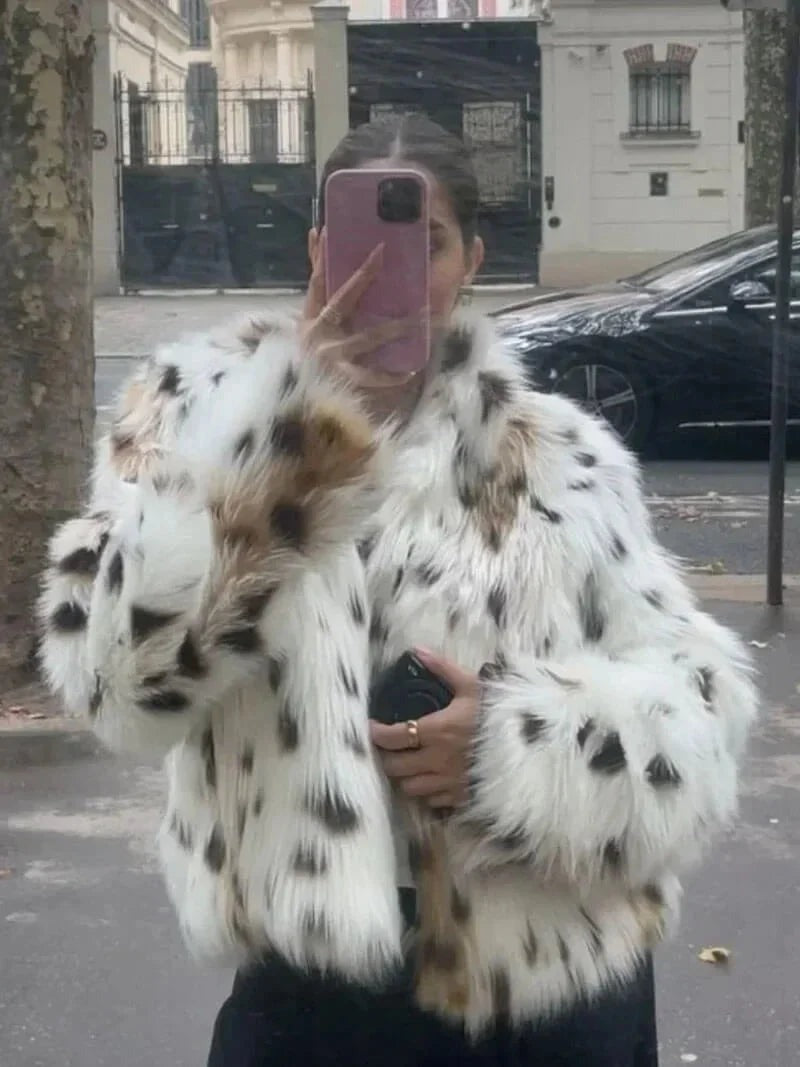 Elba - Women's Faux Fur Coat with Animal Print
