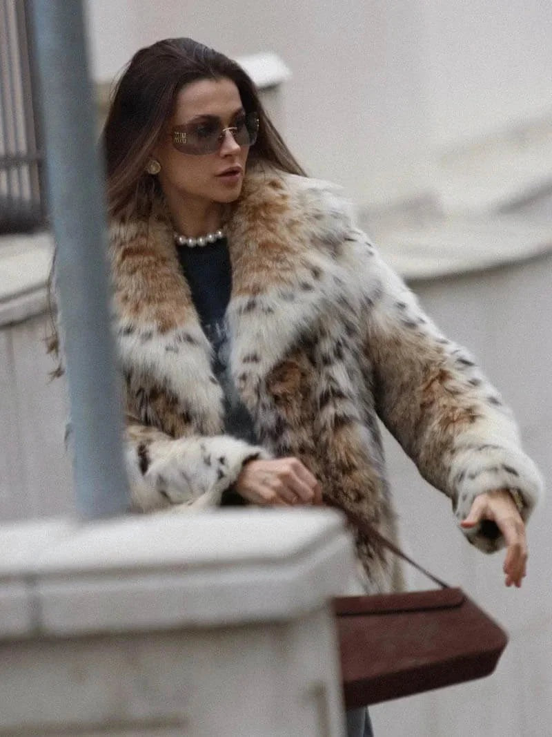 Elba - Women's Faux Fur Coat with Animal Print