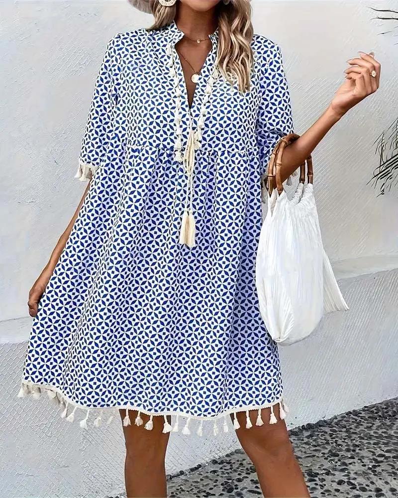 Marisol - Women's Geometric Print Tassel Mini Dress with Short Sleeves