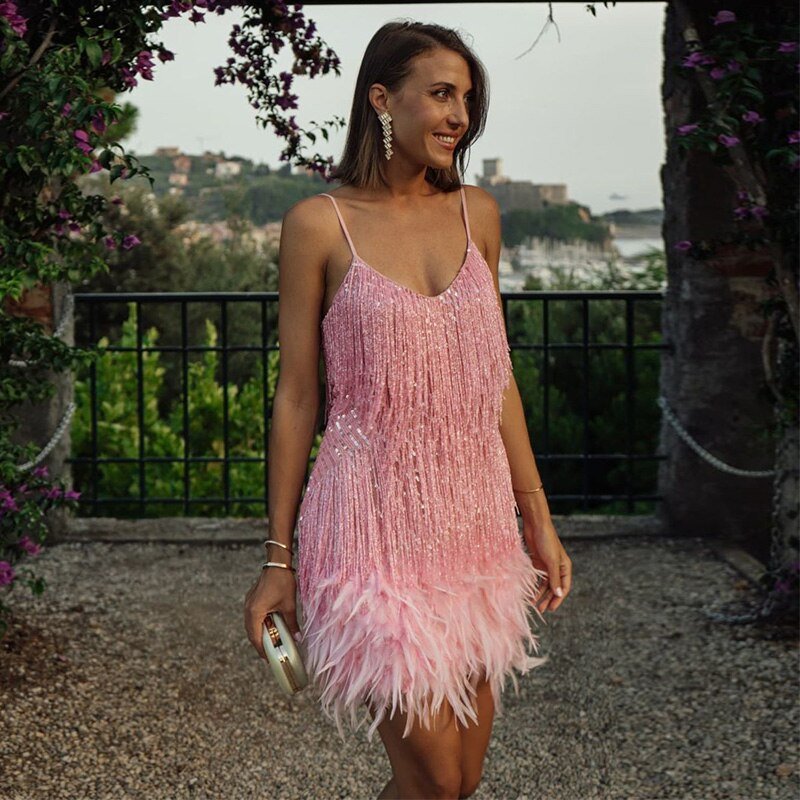 Women's Sequin Party Dress with Feather Hem - photo 14