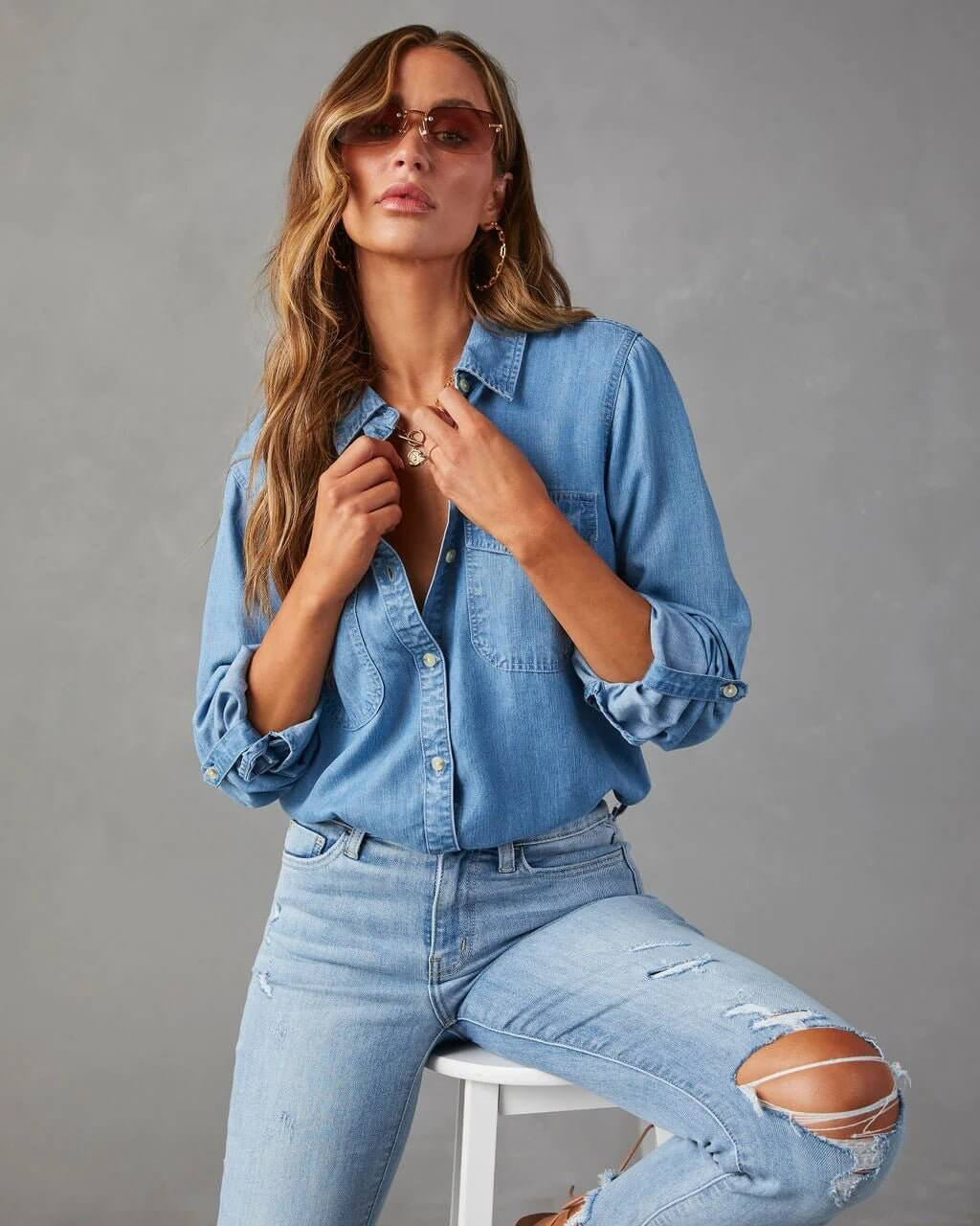 Raphaelle - Women's Denim Shirt with Long Sleeves - photo 6