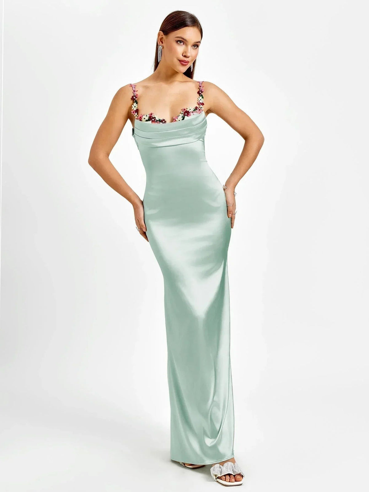 Women's Satin Evening Maxi Dress with Floral Embellishments - photo 10