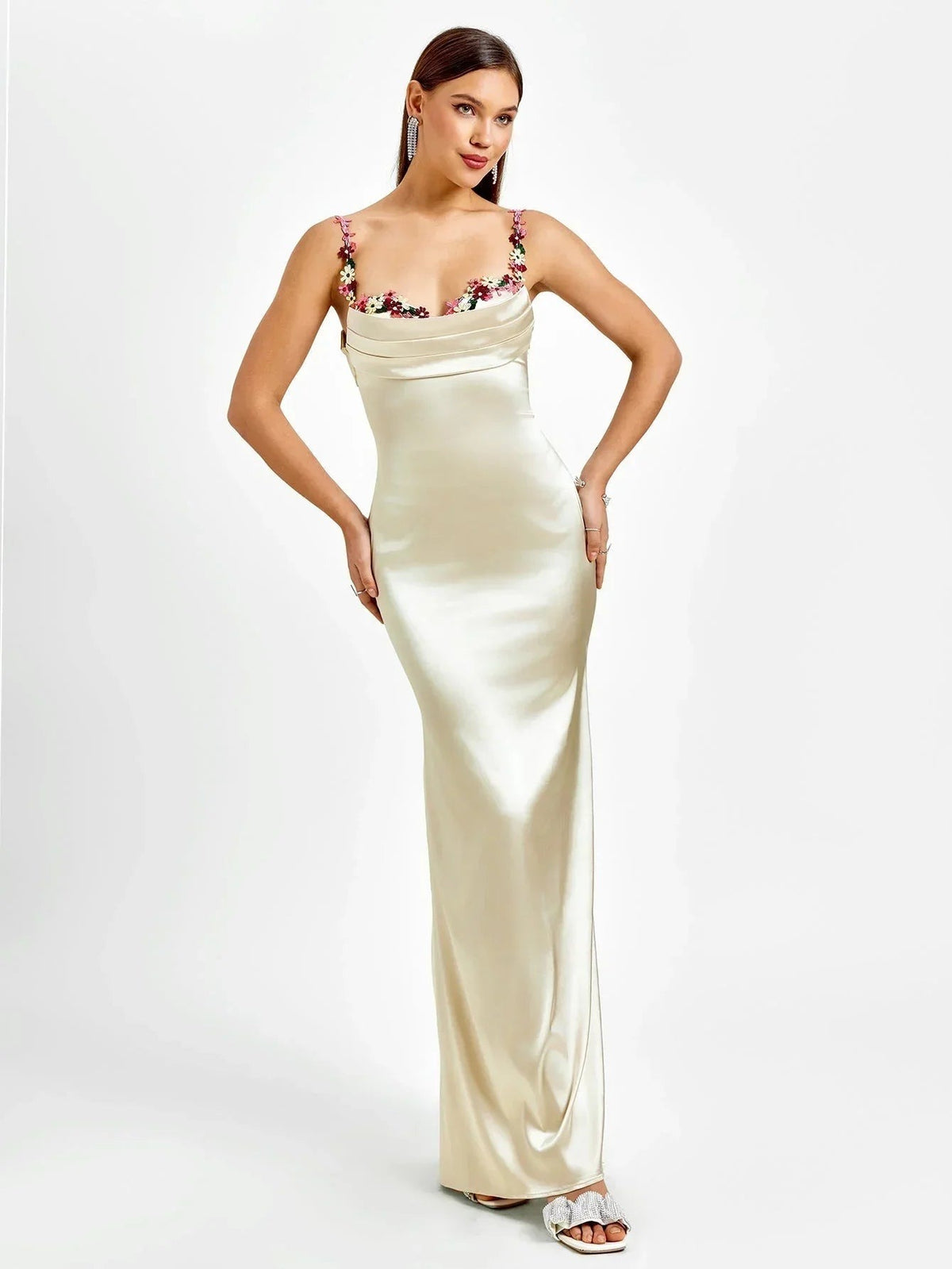 Women's Satin Evening Maxi Dress with Floral Embellishments - photo 3