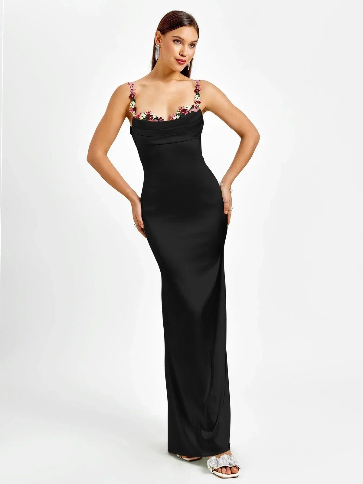 Women's Satin Evening Maxi Dress with Floral Embellishments - photo 22