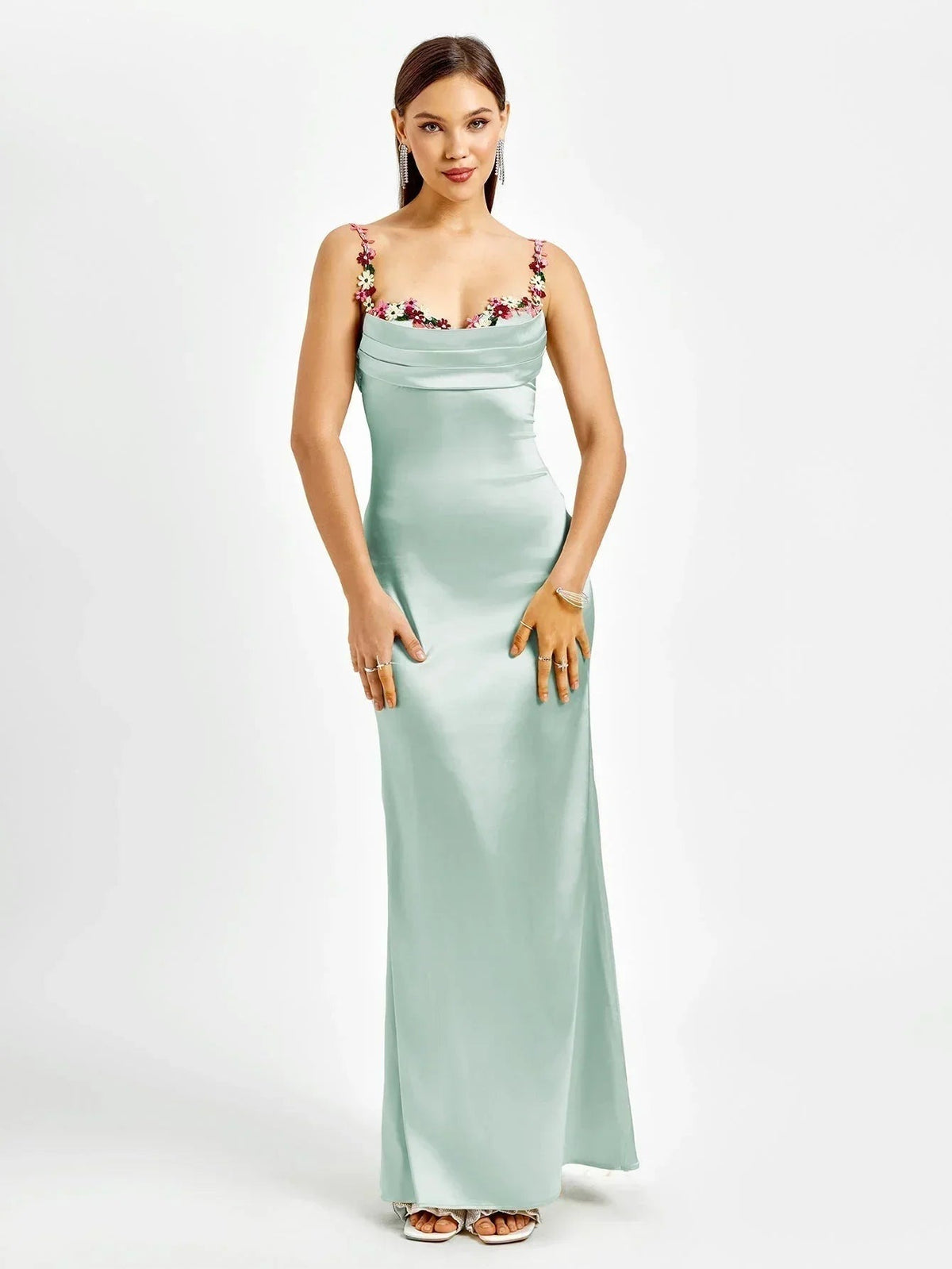 Women's Satin Evening Maxi Dress with Floral Embellishments - photo 9