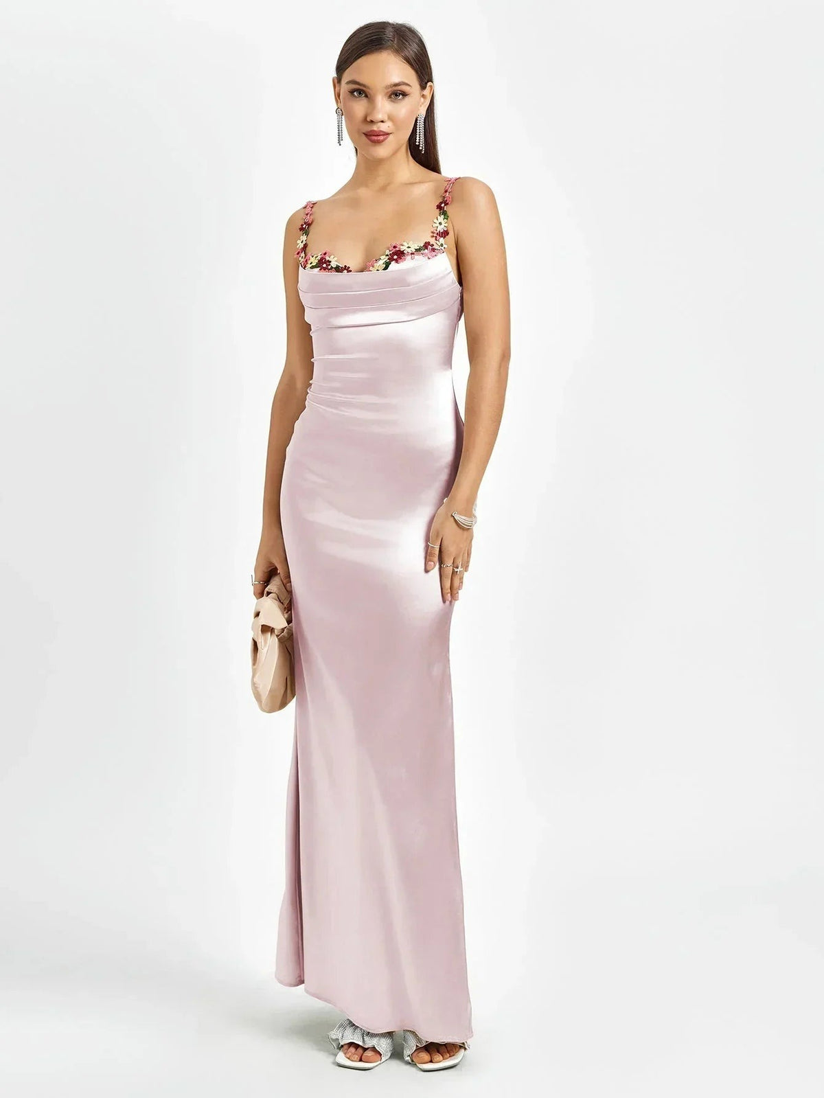 Women's Satin Evening Maxi Dress with Floral Embellishments - photo 13