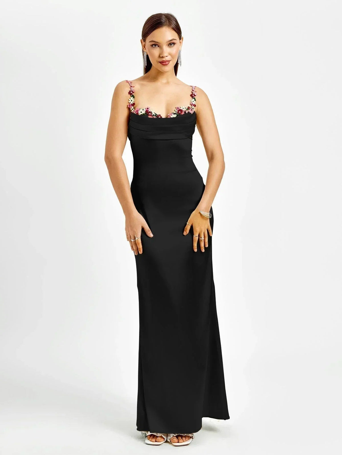 Women's Satin Evening Maxi Dress with Floral Embellishments - photo 21