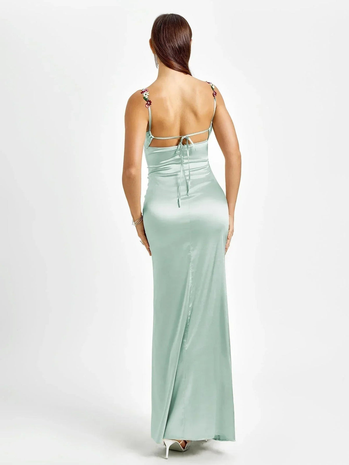 Women's Satin Evening Maxi Dress with Floral Embellishments - photo 8