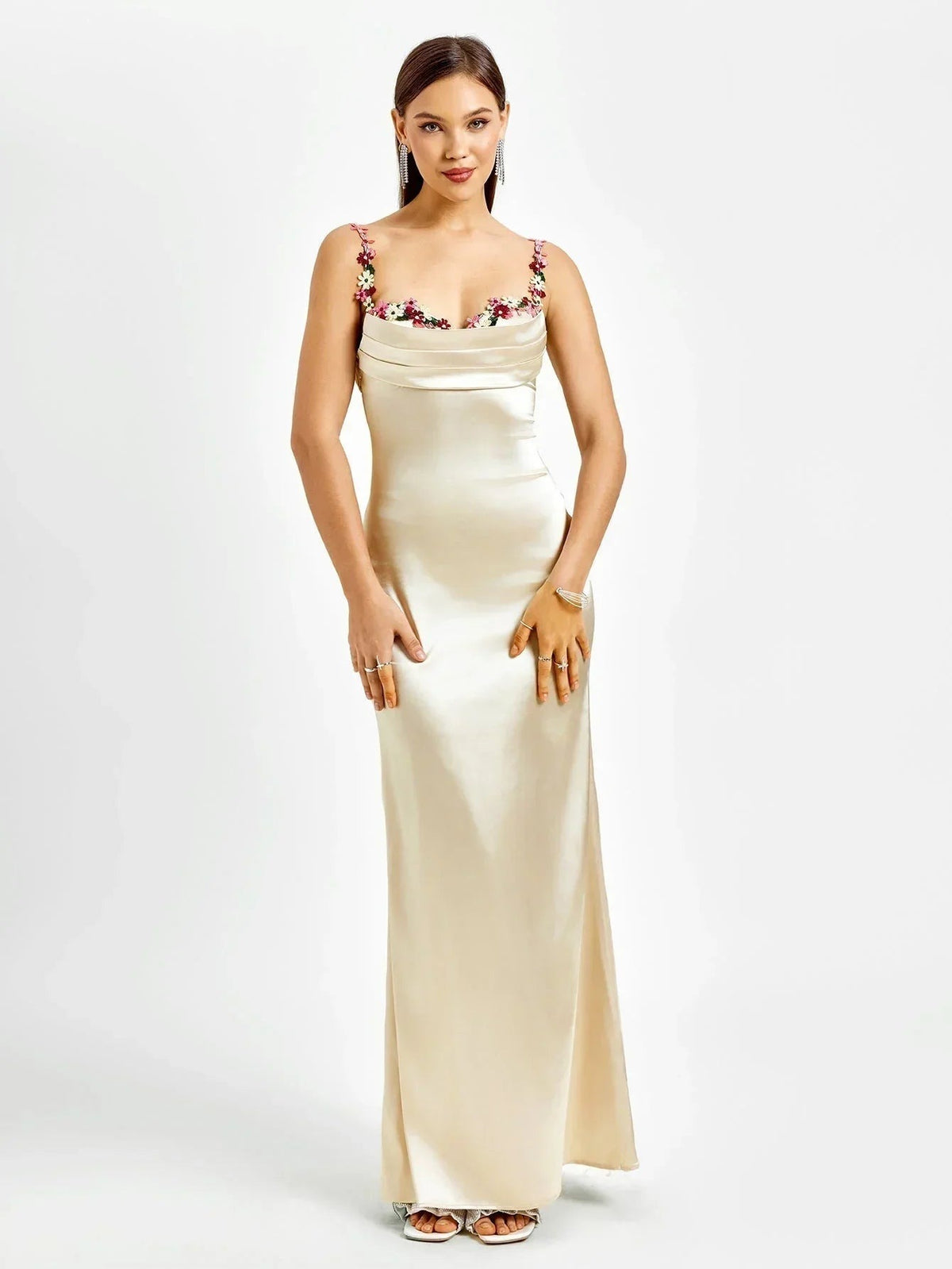 Women's Satin Evening Maxi Dress with Floral Embellishments - photo 4