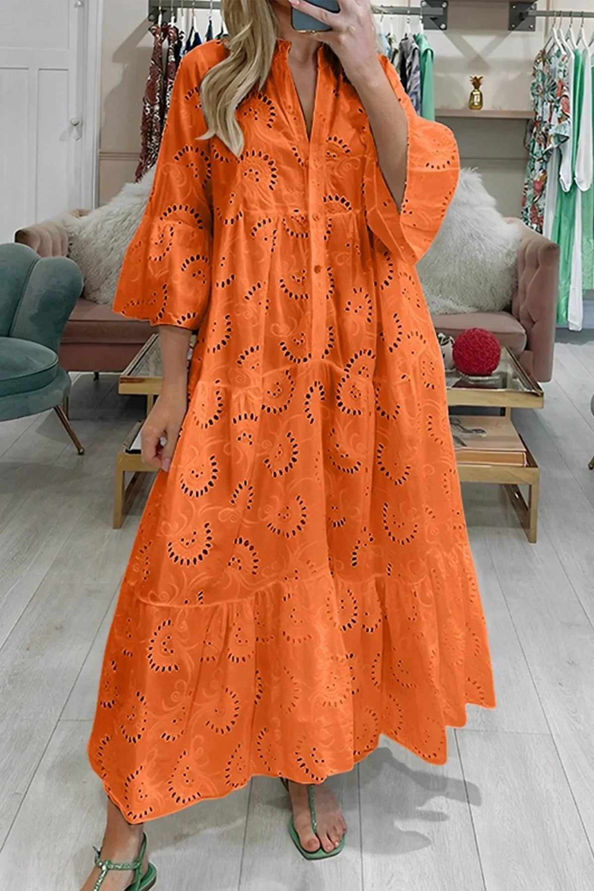 Emmy - Women's Openwork Summer Maxi Dress with V Neck and 3/4 Sleeves - photo 3