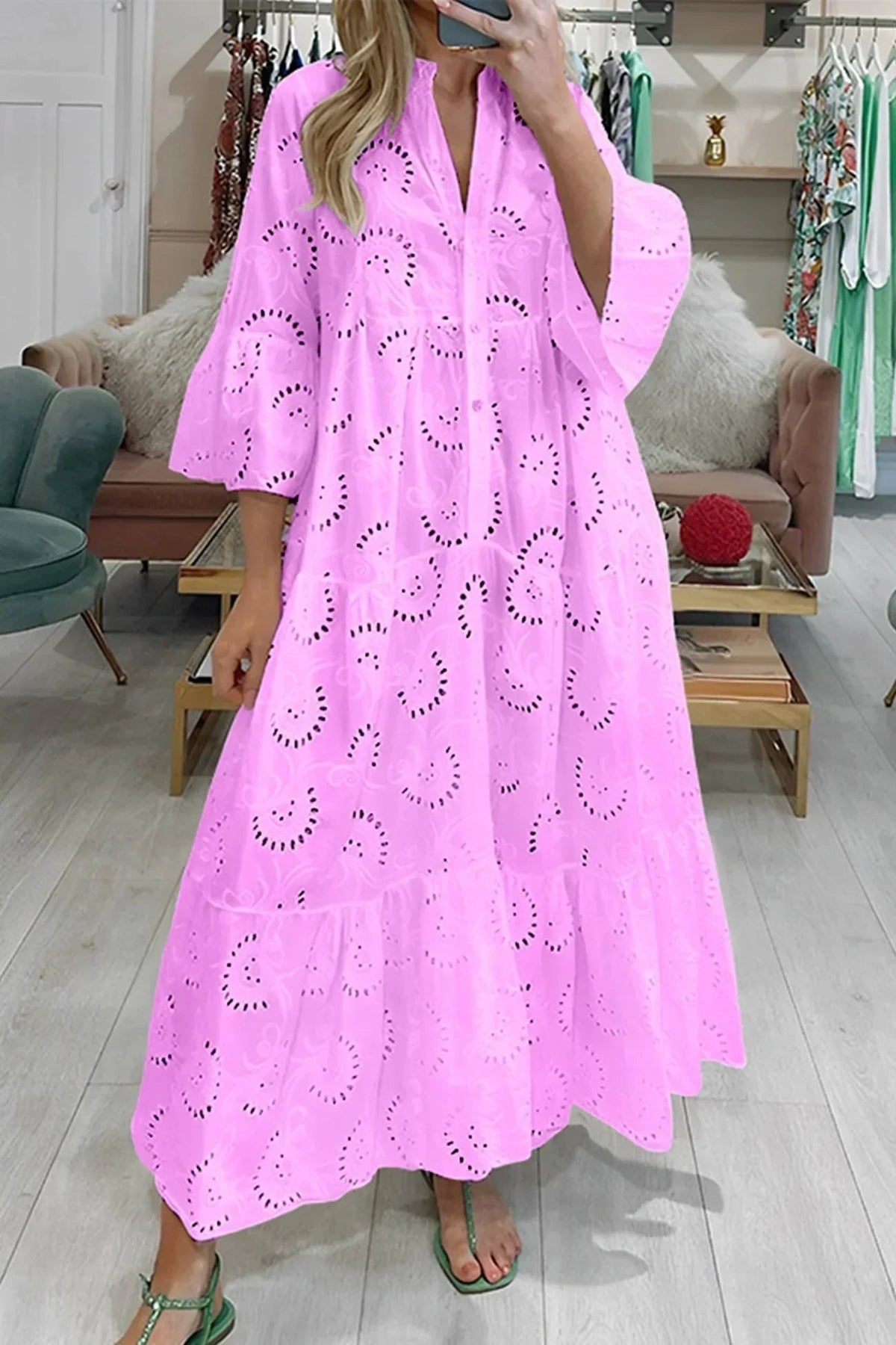 Emmy - Women's Openwork Summer Maxi Dress with V Neck and 3/4 Sleeves - photo 8