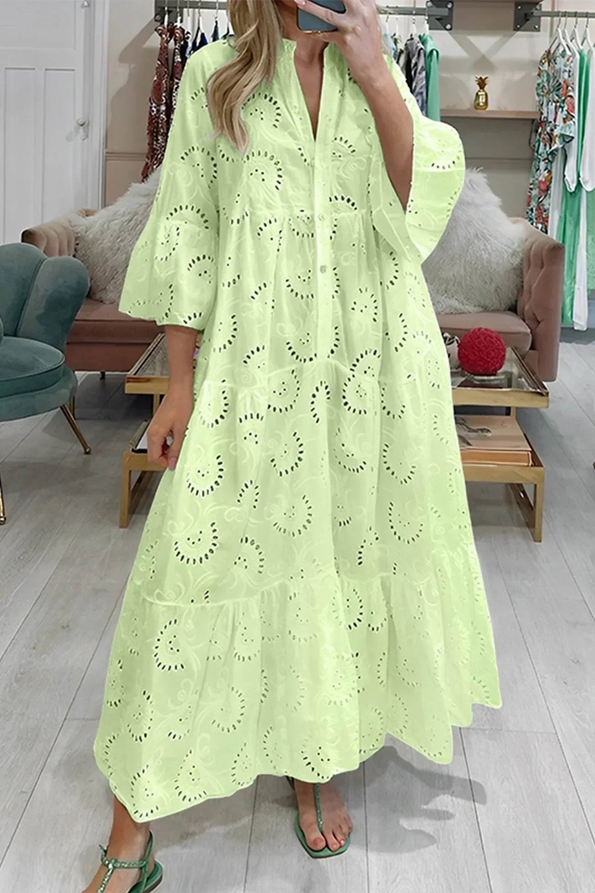 Emmy - Women's Openwork Summer Maxi Dress with V Neck and 3/4 Sleeves - photo 5