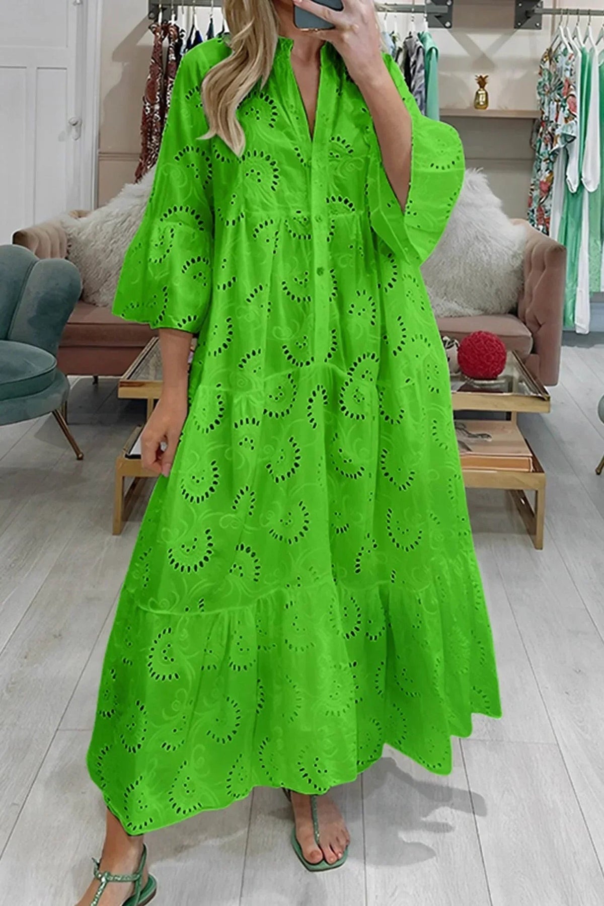 Emmy - Women's Openwork Summer Maxi Dress with V Neck and 3/4 Sleeves - photo 7