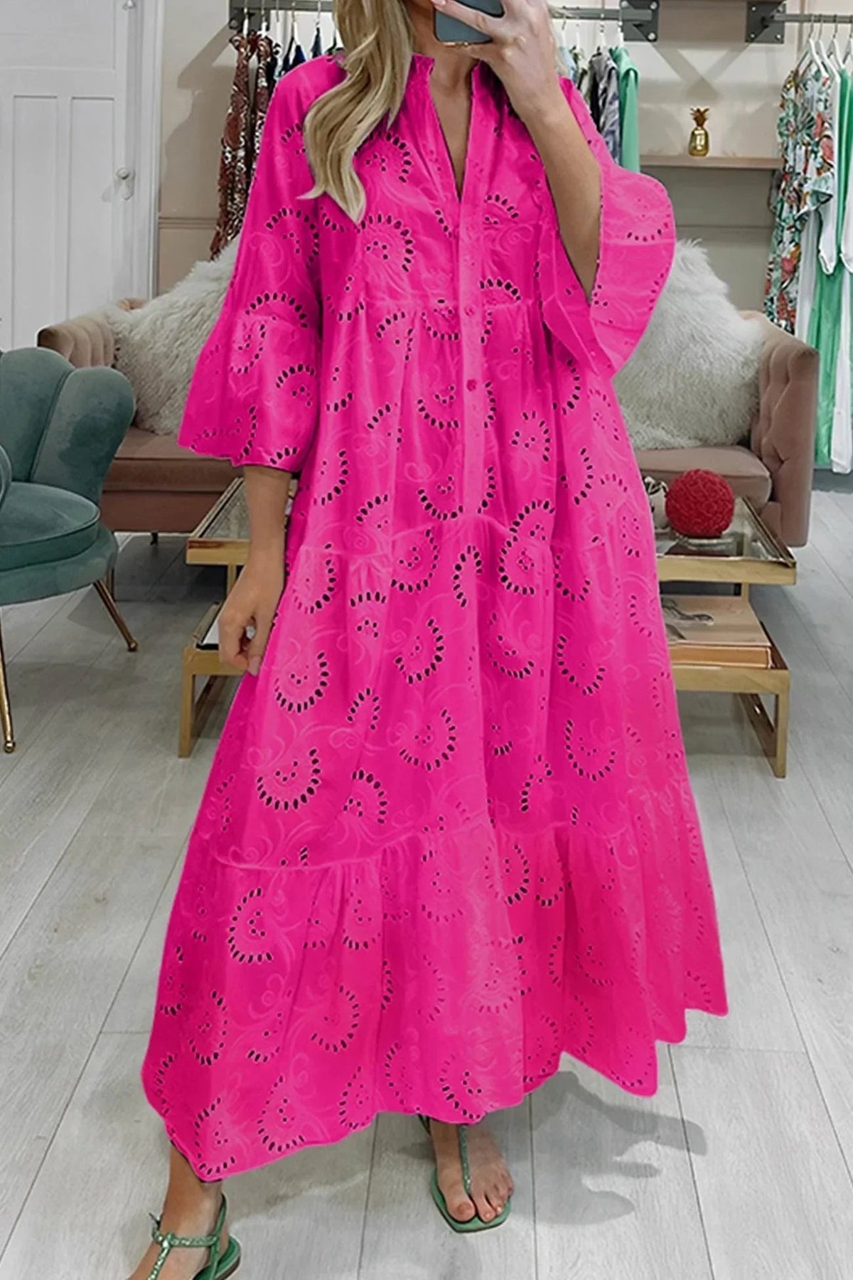 Emmy - Women's Openwork Summer Maxi Dress with V Neck and 3/4 Sleeves - photo 4