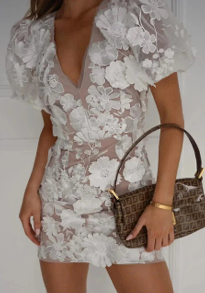 Delilah - Women's Short sheer floral evening dress with puff sleeves - photo 1