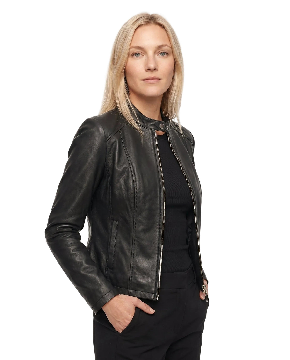 Sienna - Women's Fitted Leather Jacket with Stand Collar and Zip Front - Black
