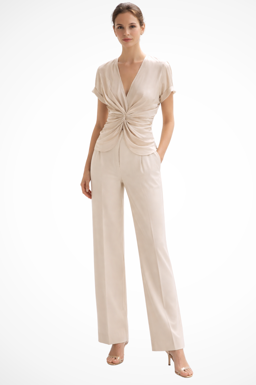 Tressa - Women's Flowing Jumpsuit with Ruching and V-Neck - photo 2
