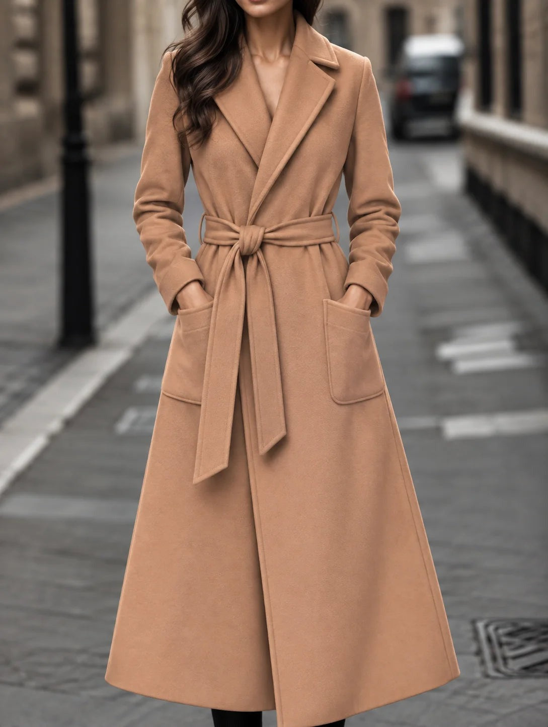 Valentina - Women's Long Belted A-Line Coat with Patch Pockets - Camel