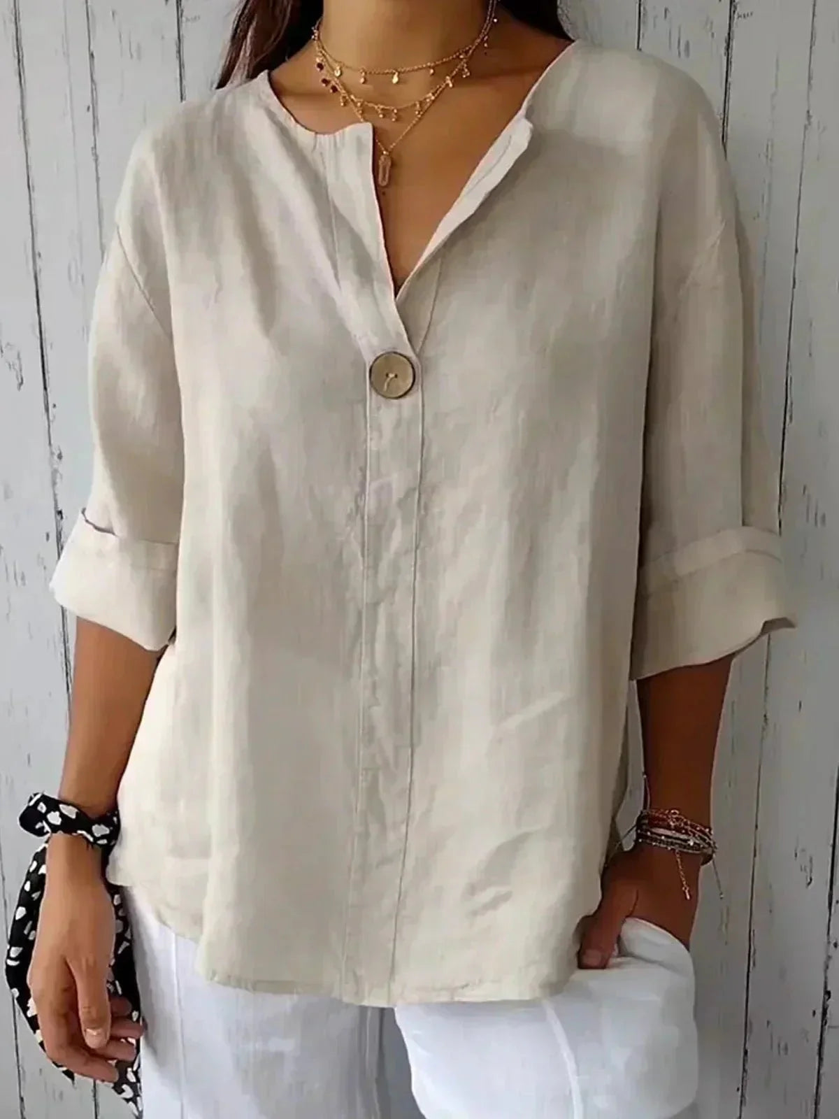 Women's V-Neck Linen Blouse with Roll Tab Sleeves - photo 1