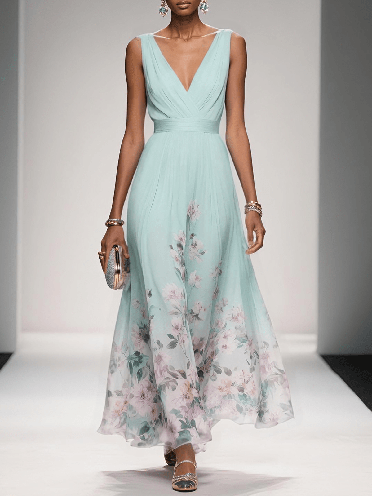 Women's Chiffon Ruched Wrap V-Neck Sleeveless Wide Strap Fitted Waistband Floral Border Hem Placement Print Full A-Line Maxi Dress - photo 4
