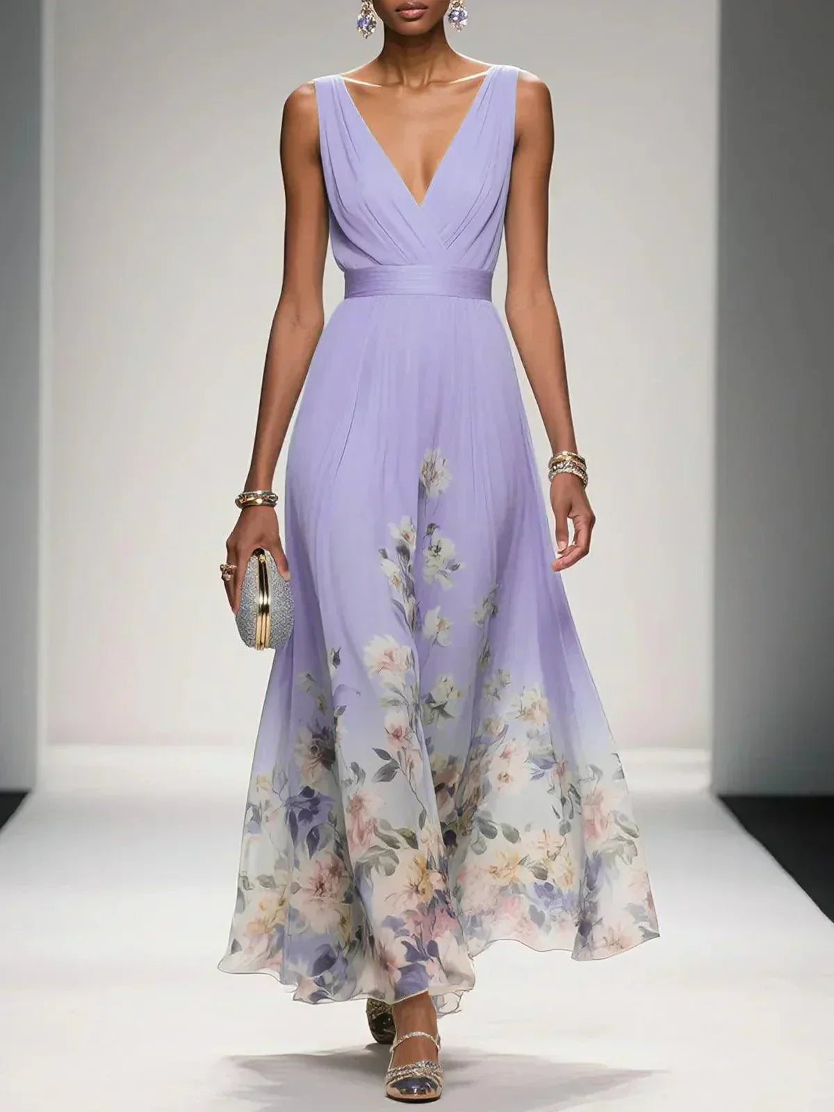 Women's Chiffon Ruched Wrap V-Neck Sleeveless Wide Strap Fitted Waistband Floral Border Hem Placement Print Full A-Line Maxi Dress - photo 6