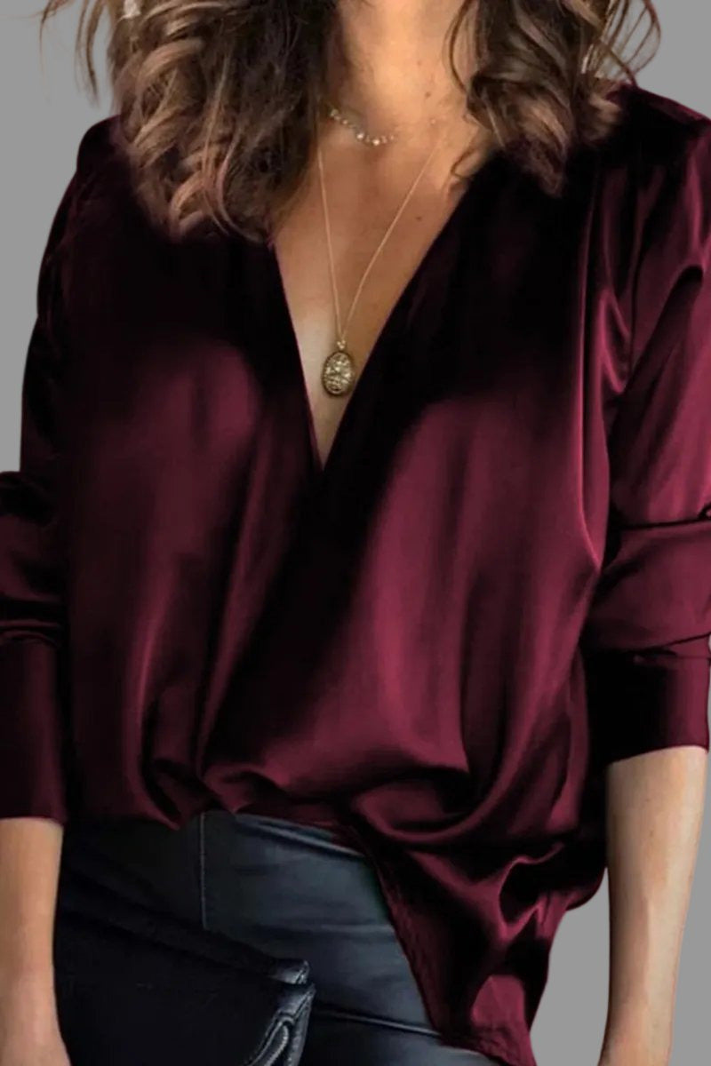 Women's Deep V-Neck Satin Blouse with Draped Long Sleeves - Burgundy