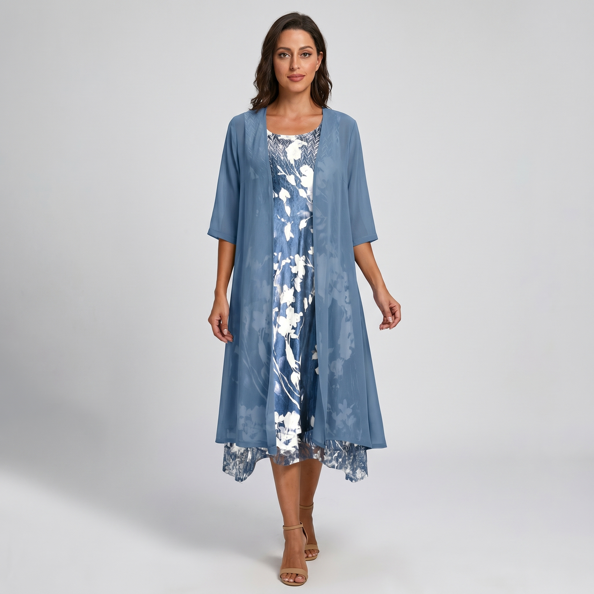 Women's Layered Floral Midi Dress with Sheer Duster Cardigan - photo 2
