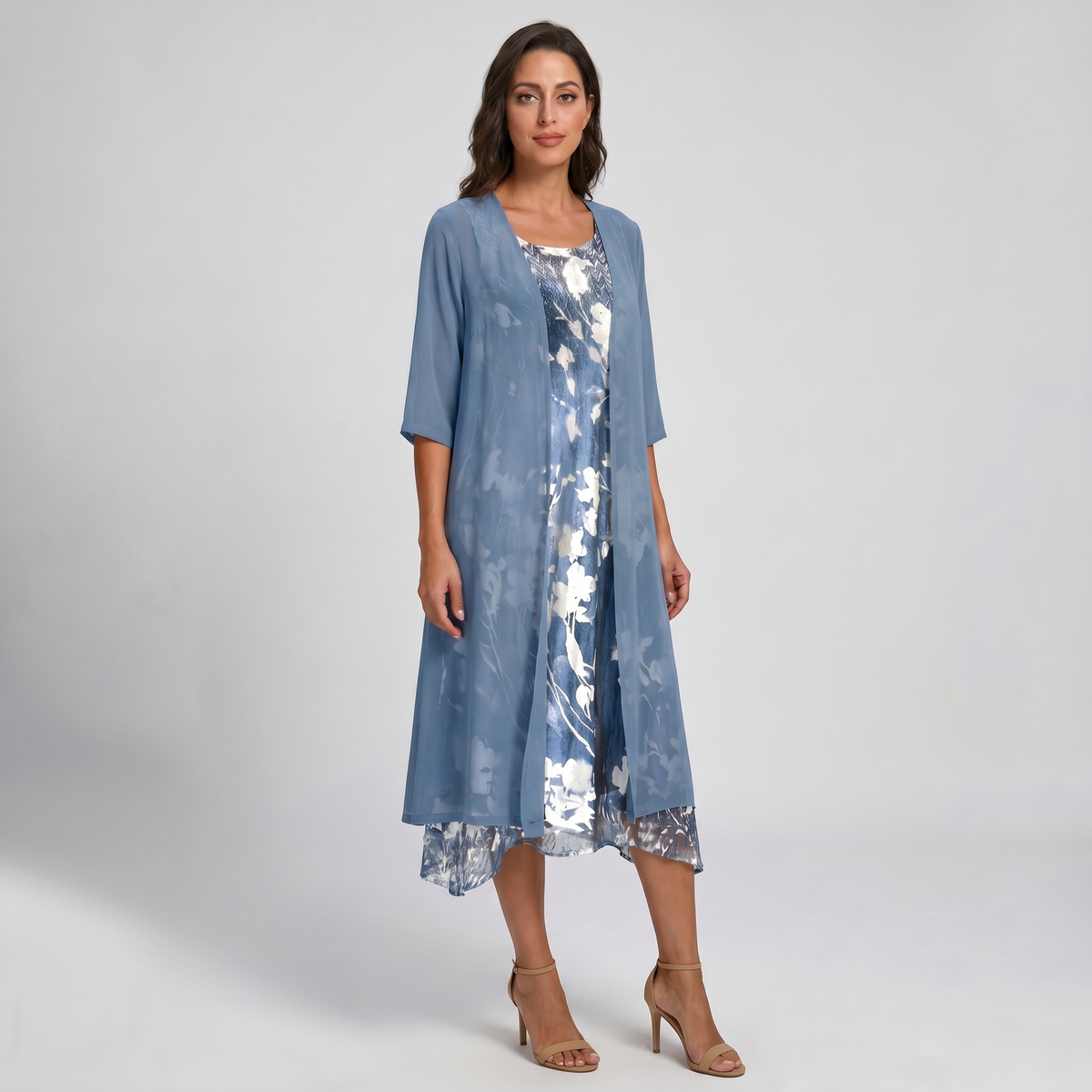 Women's Layered Floral Midi Dress with Sheer Duster Cardigan - photo 3