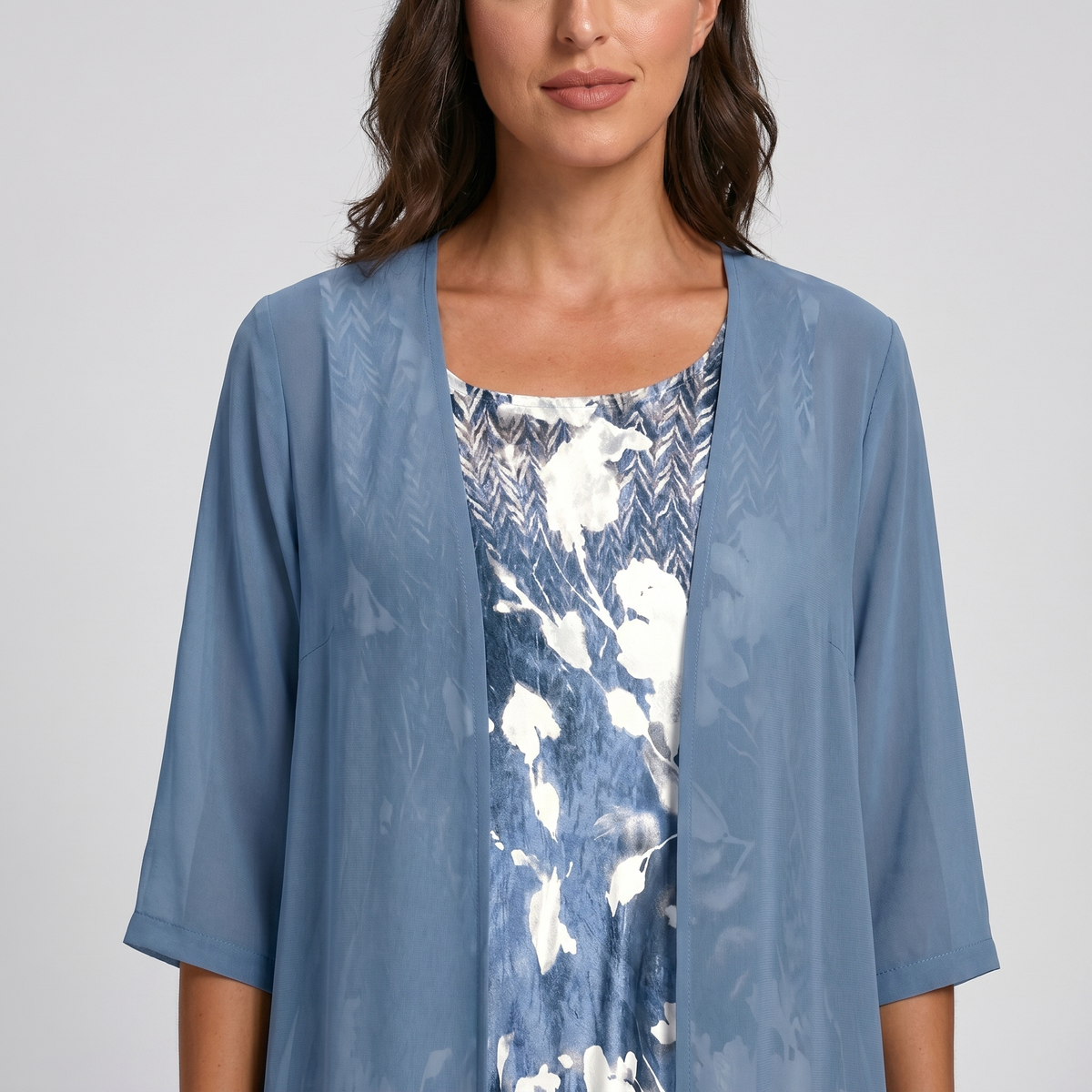 Women's Layered Floral Midi Dress with Sheer Duster Cardigan - photo 5