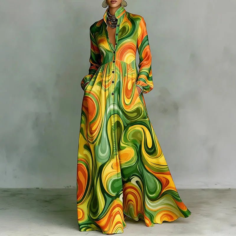 Women's Printed Boho Maxi Shirt Dress with Stand Collar and Button Front - photo 4